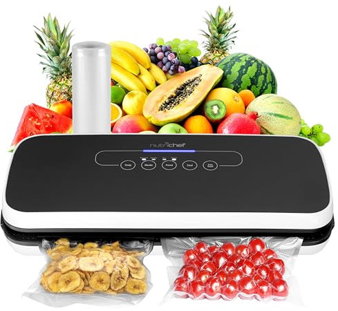 NutriChef Vakuumiergerät für Lebensmittel, Sous Vide – Vacuum Sealer – Folienschweißgerät Set inkl. Versiegelungsgerät Weinverschluss, Vakuumierer Luftsaugschlauch, 5 Vakuumbeutel & 1 Seal Vakuumrolle