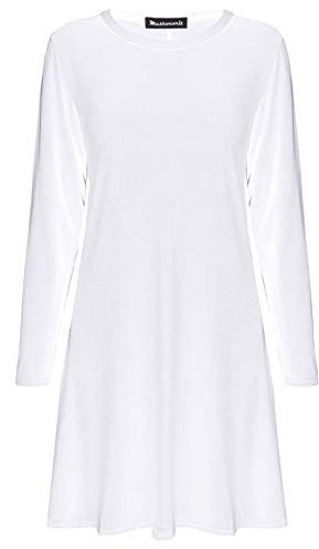 Mustwearit Womens Long Sleeve Plain Swing Dress Ladies Flared Dresses UK Size 8 to 26 White S/M = UK 8/10