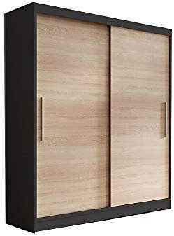 E-MEUBLES Armoire de Chambre avec 2 Portes coulissantes | Penderie (Tringle) avec étagères (LxHxP): 150x200x61 LARA 04 (Noir+Sonoma)