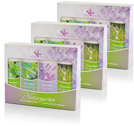 KK Badeöl Set Naturgarten, 3 Kräuterölbad Geschenk Sets je 4 Flaschen a 100 ml, Badeöle aus Melisse, Lavendel, Heublume und Eukalyptus-Menthol, Wellness Badezusätze, Badeset ideal als Geschenk