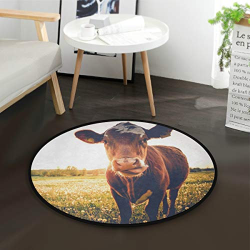Mnsruu Runder Teppich mit Kuh-Motiv, rutschfest, bequem, rund, Bodenteppich für Wohnzimmer, Schlafzimmer, 92 cm Durchmesser