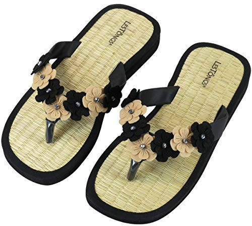 Japanwelt Les Tongs Zimtlatschen Sakura Zehentrenner - Blumen Perlen Sandalen Zimtsohlen ? Damen Größe 39/40 EU Schwarz/Beige