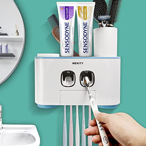 WEKITY Toothbrush Holder Wall Mounted, Multifunctional Automatic Toothbrush and Toothpaste Squeezer Kit with 4 Cups, 5 Toothbrush Slots and 2 Toothpaste Dispenser, Easy Install