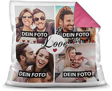 PR Print Royal Kissen mit Füllung - Fotocollage selbst gestalten mit Spruch - Love - mit Vier eigenen Fotos - Geschenkidee Fotokissen - Farbkissen Rückseite Pink