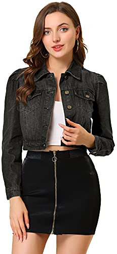 Allegra K Women's Cropped Jean Jacket Button Down Puff Sleeve Denim Jacket Black S