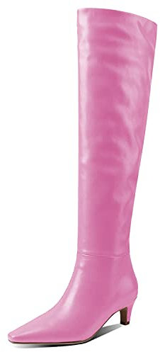 Elegante punta quadrata in pelle opaca slip on autunno inverno ampio polpaccio comfort slouch basso tacco gattino vestito sopra il ginocchio stivali alti, rosa, 41 EU