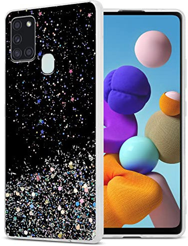 Cadorabo Hülle kompatibel mit Samsung Galaxy A21s Rundumschutz TPU Silikon Case Mädchen Glitzer Strass Design Slim Kratzfest Weiche Gummi Bling Schutzhülle für Samsung Galaxy A21s in Schwarz