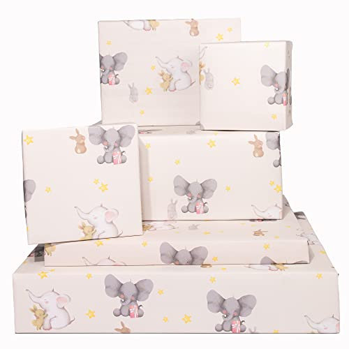 Central 23 - Elefanten und Hasen Geschenkpapier - 6 Blatt für süße Geschenkpapiere für Babys - Babyparty - Taufe - Taufe - Sterne - Kaninchen - Hase - Hergestellt in Großbritannien