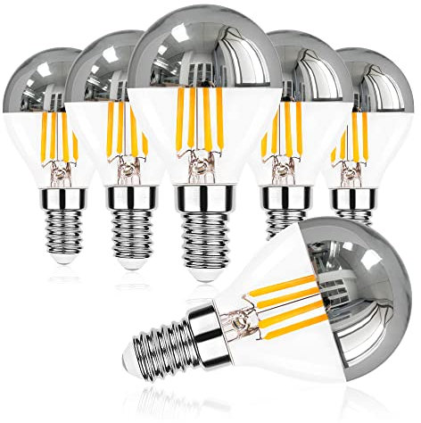 Century Light P45 Dimmbar Edison LED Lampe 4W, Silberne Kopfspiegellampe LED Glühbirne, 40 Watt-Äquivalent, E14 Kandelabersockel, Retro Warmweiß 2700K, Vintage Verspiegelte Glühbirne, 6Stück