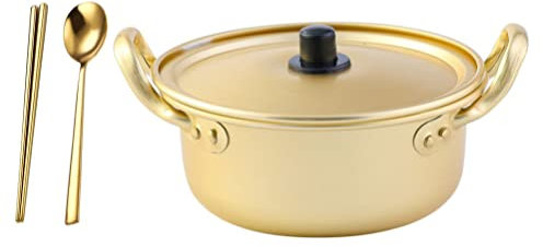 DOITOOL Kochtopf Korean Ramen Pot Ramen Cooker Aluminium Korean Pot Ramyun Pot mit Deckell?ffel St?bchenkochgeschirr zum Kochen von Suppe Pasta Golden 16 Cm Nudeltopf