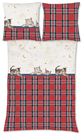 fleuresse Feinbiber Bettwäsche Aspen Katzen rot 1 Bettbezug 135 x 200 cm + 1 Kissenbezug 80 x 80 cm