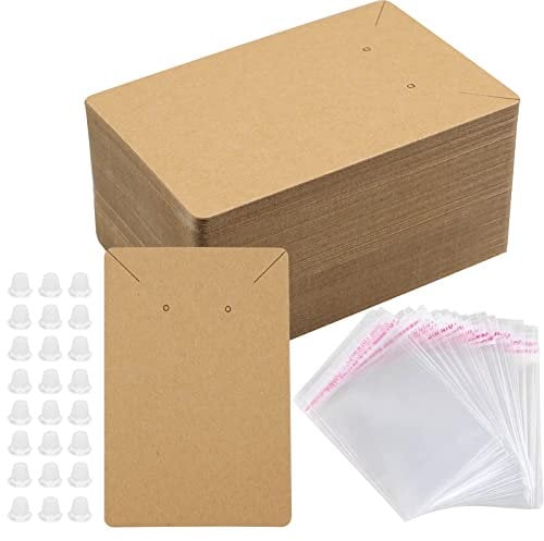 ZoZoMaiy 100 Stück Schmuck Karten aus Kraftpapier für Halskette und Ohrringe mit Selbstklebenden Beuteln und Ohrringe Rücken