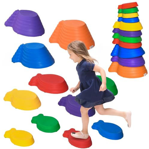 Outsunny Stepping Stones Kids 11-Piece Fish Shape Non-Slip Multicoloured | Obstacle Course, Stackable Balance Blocks, Exercise Toddler Balance, for Indoors and Outdoors