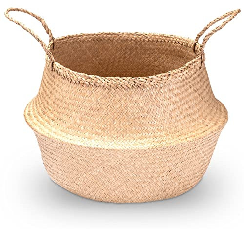 Decorasian Seegras Korb rund geflochten, Körbe zur Aufbewahrung und als Blumenkorb - Übertopf in Bast BZW. Rattan Optik - Seegraskorb mit Henkel zum Tragen - Wäschekorb - 45cm