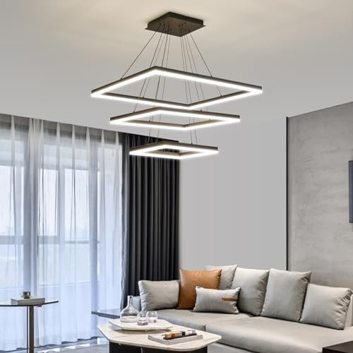 Mikeru LED Esstisch Pendelleuchte, 3-Ring Moderne Quadratischer Kronleuchter, Dimmbar mit Fernbedienung Deckenbeleuchtung, Höhenverstellbar Wohnzimmerlampe, Geeignet für Esstisch, Wohnzimmer