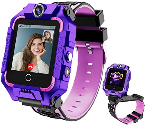 LiveGo 4G Kinder-Smartwatch mit GPS-Tracker und Anrufen, HD-Touchscreen, Kinder-Handyuhr, kombiniert SMS, Videoanruf, SOS, Schrittzähler, 4G, Smartwatch für Kinder, Jungen, Mädchen, 6–12 (T10 lila)