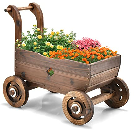 COSTWAY Carretilla Jardín de Madera de Flores, Carrito de Madera Maceta con Ruedas, Asas, Orificio de Drenaje, Soporte para Macetas de Flores, Maceta Decorativa para Jardín Patio (68 x 38,5 x 53,5 cm)