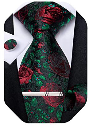 DiBanGu Paisley-Krawatten für Herren, Seidenkrawatte und Einstecktuch, Manschettenknöpfe, Krawattenklammer-Set, gewebt, klassische Herren-Krawatte für Hochzeit, Party, rot / grün, Einheitsgröße