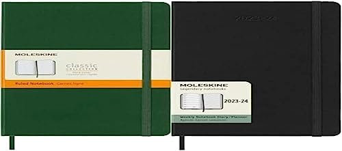 Moleskine Classic Ruled Paper Notebook, Color Myrtle Green, Size Large 13 x 21 cm, 240 Pages + Wochenplaner 2023-2024,18-Monate-Kalender,Hardcover-Wochenplaner, Großformat 13 x 21 cm, Farbe: Schwarz