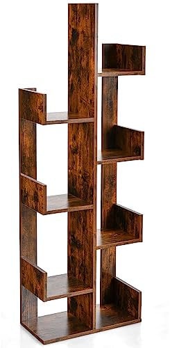 SFAREST Tree-Shaped Bookshelf, 8-Tier Floor Standing Bookcase with Anti-toppling Device and Side Panel, Home Office Magazines Storage Dispaly Organiser Unit for Living Room Study Room (Brown)
