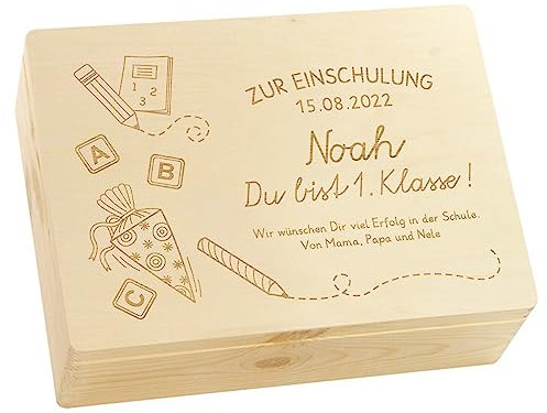 LAUBLUST Holzkiste mit Gravur - Personalisiert mit Datum | Name | WIDMUNG - Naturbelassen, Größe L - Schultüte Motiv - Geschenkkiste zur Einschulung - FSC®
