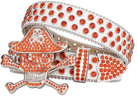 TINIDI Westerngürtel für Herren und Damen, Strass-Gürtel, glitzernde Kristalle, Totenköpfe, Nieten, Ledergürtel für Hosen und Jeans, Totenkopf-Weiß-Orange, XL: Fit Waist 37-43inch