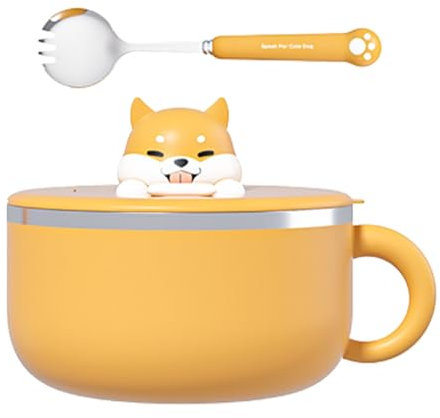 Tuzsocr Bol à Nouilles de 1200 ML en Acier Inoxydable,Dessin animé Chien Bol à pâtes Ramen,Bol à Soupe Bento Boîte à Repas(Vaisselle Gratuite) isolé instantané,pour Salade de Fruits,Udon,Soba