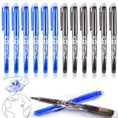 12 Stücke Radierbarer Kugelschreiber, 0.5mm Schwarz Blau Radierbare Stifte, Tintenroller Radierbar, Radierbare Tintenroller, Kugelschreiber mit Radiergummi für Schulsachen Bürobedarf Studenten