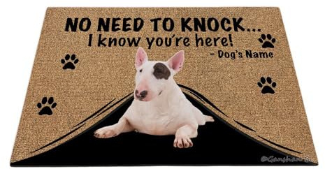 Ganshan Bi Personalisierte Fußmatte mit lustigem Bullterrier, Willkommens-Bodenmatte, kein Klopfen nötig, I Know You're Here, Geschenk für Hundeliebhaber, 60 x 40 cm, Stil 4