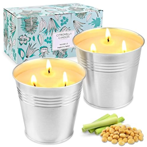 Citronella Kerze Outdoor Groß, 2 x 450ml Draußen Kerzen Natürliche Sojawachs Zitronella Kerze Garten 3 Docht Citronella Duft Kerze Indoor Beste Geschenk für Camping Picknick Terrasse,180 Brenndauer