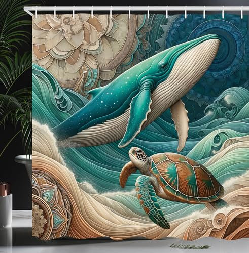 ABAKUHAUS Nautisch Duschvorhang, Boho Eastern Vibes Oriental Ocean Art mit Wal und Schildkröte Druck, Stoffliches Gewebe Badezimmerdekorationsset mit Haken, 175 x 200 cm, Teal Ecru Blasses Zimt