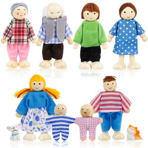 Philoctes Holz Puppenhaus Figuren, 10 Stück Puppenhaus Puppen mit Katze und Hund, Biegepuppen Zubehör für Kinder Spiel Haus Geschenk, Puppenfamilie für Pretend Dollhouse Geschenk