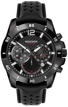 Sekonda Sport Solo Men's 48mm Quartz Watch in Black with Chronograph Date Display, and Black Leather Strap 30190