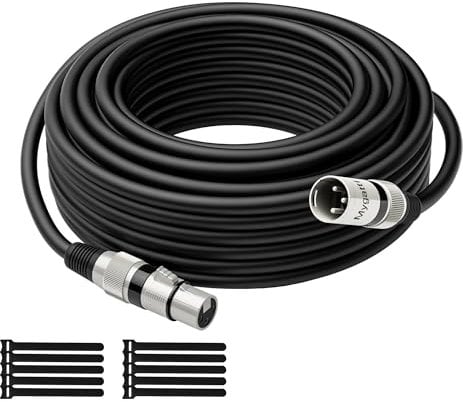 Mygatti Cable XLR para micrófono, 30 m, color negro, macho a hembra, 3 pines, blindado DMX, con supresión EMI y RFI, compatible con amplificadores, altavoces+10 bridas