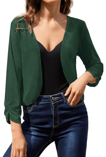 Hotouch Damen Bolero Festlich Sommer Strickjacke Elegant Schulterjacke 3/4 Ärmel Kurze Jacke zum Kleid Dunkelgrün Größe M