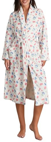 Women's Soft Summer Dressing Gown Floral Fruit Print Plush Shawl Collar Bathrobe Warm Lounge Robe with Belt (A-White, M)
