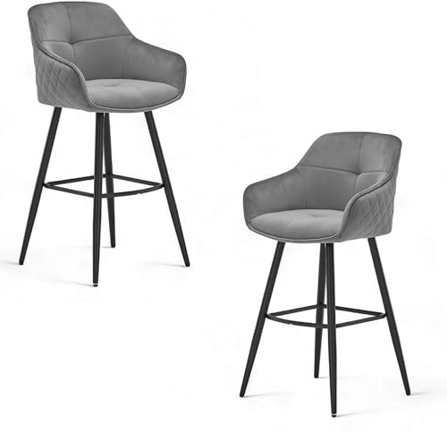 Emma Barhocker 2er Set, Samt Grau schwarzes Metallgestell 57 x 105 x 53 cm | Samtbezug mit Diamantsteppung, Sitzhöhe 73 cm, für Esszimmer, Wohnzimmer, Küche, Hocker, Bar