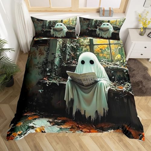 Funny Ghosts Of Halloween Bedding Set Double Vintage Halloween Decor Duvet Cover, Cartoon Ghost Sitting On The Balcony Reading Newspapers Halloween Art Bed Cover + 2 Pillowcases, No Comforter