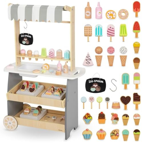 Mamabrum Holz Eisdiele für Kinder 3+, Rollwagen mit EIS, Spielen, Dezentes Design, Reichhaltige Accessoires, Entwickelt Kreativität und Soziale Fähigkeiten