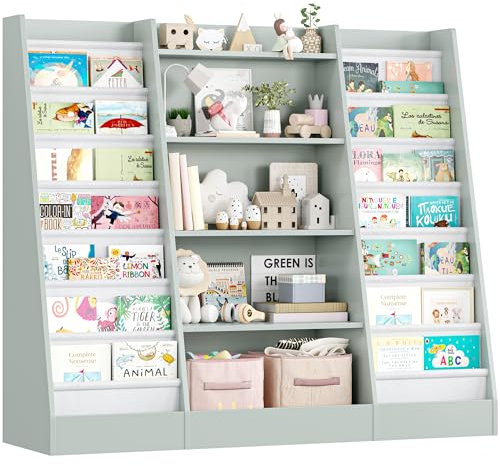 FOREHILL 129 cm Breite Kinderregal, Bücherregal für Kinder mit 14 Ablagen, Kinderzimmer Möbel aus Holz, Spielzeugregal, Regal für Kinderzimmer, Kindergarten, Leseecke, 129 x 120 x 35 cm (graugrün)