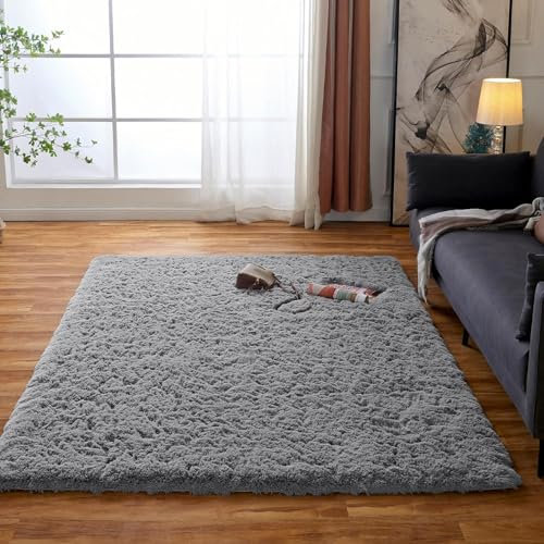 Obundi Teppich Flauschig,Teppiche Wohnzimmer Grau,Hochflor Teppiche Schlafzimmer, Weicher Carpet Klein,Rutschfester Carpet für Büro,Grauer Kuschelteppich Lounge(Grau,80x120cm)