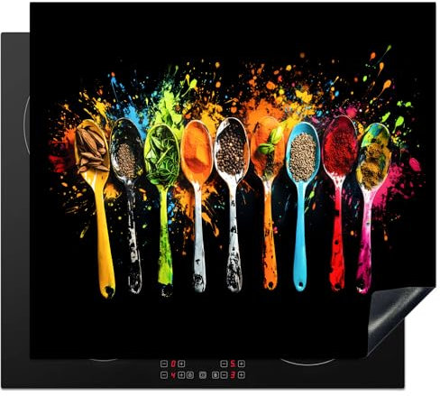 KitchenYeah© Coperchio Piano Cottura 60x52 cm Cucina Copri Fornelli Tappetino Induzione Antiscivolo Piastra Protezione Cucchiai - Spezie - Moderno - Graffiti - Colore