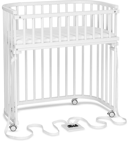 babybay Boxspring Beistellbett aus massivem Buchenholz/kompakt & verwandelbar/Kinderbett Höhe stufenlos verstellbar/mitwachsendes Babybett (weiß lackiert) / inkl. Matratze, Gitter, Rollen