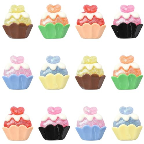 Stiesy 30 Pcs 6 Colors Cup Cake Resin Slime Charm Beads Sweet Food with Heart Cream Flat Back Beads No Hole Beads for DIY Craft Hair Clip Jewellry Making