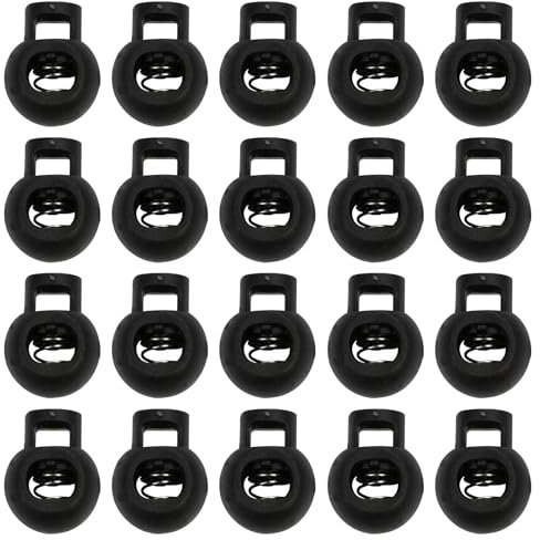 WOLMIK 20 Stück 1-Loch Kordel Stopper, bis Ø 6 mm Kordeln, Rund Einloch Kordelklemme aus Kunststoff, Schwarz Schnurstopper, Band Klemme für Jacke Sportkleidung Rucksack Gummikordel Stopper