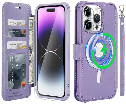 VANAVAGY Wallet Case for iPhone 14 Pro Max for Magsafe,Clove Purple | PU Leather Flip,Slim,12ft Drop Protection,RFID Blocking Card Holder,Magsafe Wireless Charging,Includes Screen Protector