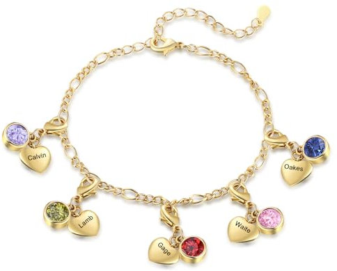 jewelora Herz Armband mit 1-5 Namen Geburtsstein Personalisiertes Damenarmband mit Gravur Geschenk für Mama Ehefrau Freundin (gold-5 stone)