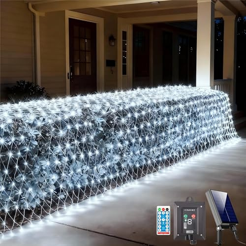 Solar Netz Lichter - 1.5 x 1.5 Meter Mesh Lichterkette 96 LEDs Außen Wasserdicht mit 8 Beleuchtungsmodi, Fernbedienung Weihnachtsbaum Rasen Zaun Büsche Wand (Weiß