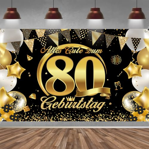 80. Geburtstag Banner Frauen Männer Deko Schwarz Gold 80 Geburtstag Hintergrund Banner, Extra Große Stoff Schild Poster für 80. Geburtstagsparty Deko, 210x150 cm