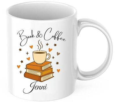 drunkLY Büchertasse mit Namen - mit Bücherliebhaber-Motiv - personalisierter Keramik Kaffee-Becher – Bücher-Tasse - Lese-Tasse - Geschenk-Idee - Personalisert - für Bücherwürmer (Books&Coffee)